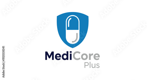 Medical Pill and Shield Logo Design with MediCore Plus Text on Isolated White Background