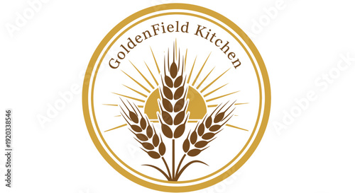 Golden circular emblem with wheat stalks and sunburst logo, representing agriculture, natural food, and kitchen products, isolated white background.