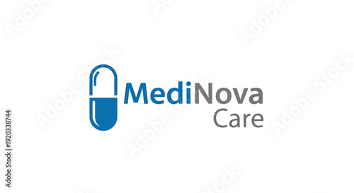Professional MediNova Care logo design featuring a blue pill capsule, symbolizing medical treatment, pharmacy, and healthcare services on an isolated white background.