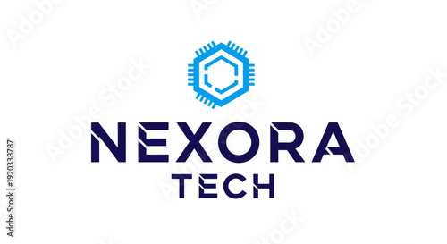 Futuristic Nexora Tech logo design showcasing a hexagonal circuit board and microchip element, symbolizing advanced digital technology on an isolated white background.