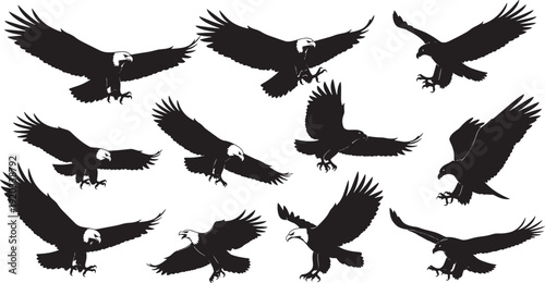 Dynamic Flight of Nine Black Eagle Silhouettes Against White Background – A Powerful Illustration from a Front View