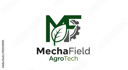 Modern MechaField AgroTech logo design featuring a green leaf and mechanical gear, symbolizing agricultural technology innovation on an isolated white background.