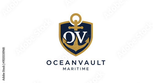 Nautical shield logo with anchor and initial OV, representing maritime and shipping services, on an isolated white background.