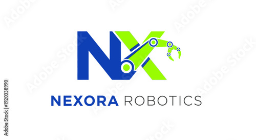 Nexora Robotics blue NX letters logo design with green robotic arm icon, representing advanced technology and automation, isolated on white background.