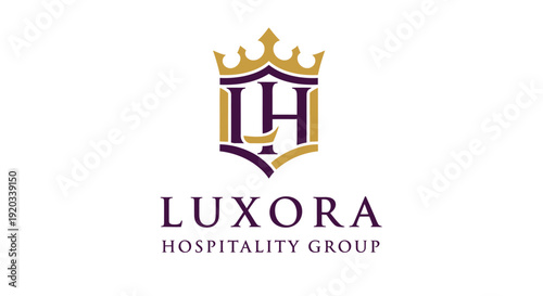 Regal Purple and Gold Crown LH Monogram Logo for LUXORA HOSPITALITY GROUP on an isolated white background, representing luxury hotel services