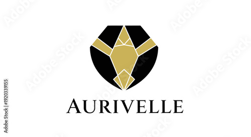 Elegant Black and Gold Geometric Shield Gemstone Logo for AURIVELLE on an isolated white background, representing luxury and premium quality