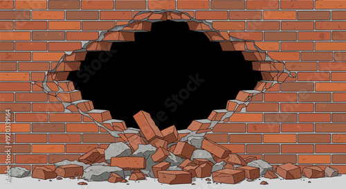 Cartoon illustration of a red brick wall with a large, jagged hole in the center, revealing a black void, and a pile of broken bricks and debris at its base.