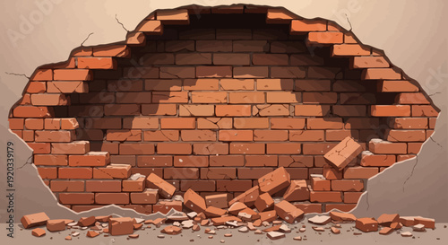A damaged brick wall with a large, irregular hole in the center and scattered debris on the ground, illustrating destruction or breakthrough.