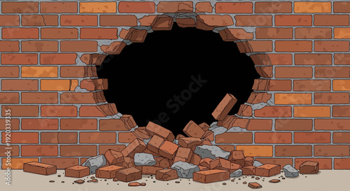 A cartoon illustration of a damaged brick wall with a large, irregular hole in the center and scattered debris on the ground.