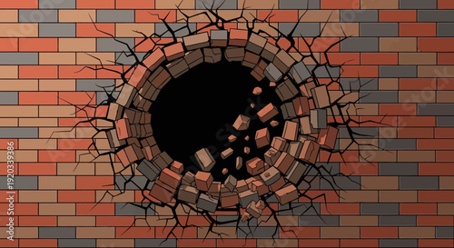 A detailed illustration of a brick wall with a large, circular hole in the center, showing scattered bricks and radiating cracks.