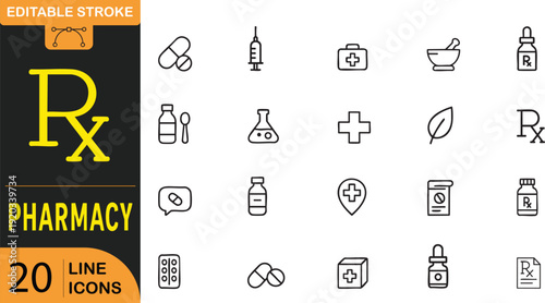 Pharmacy icon set with medical equipment and medicine bottles thin line design icons