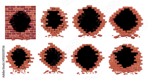 Collection of eight illustrations showing brick walls with progressively larger and more damaged holes, with falling debris.