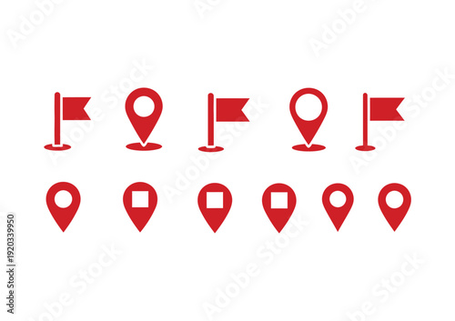 Collection of red map marker icons and flags on white background