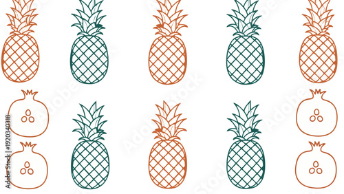 Seamless Pattern with Stylized Pineapple and Pomegranate Outline Illustrations