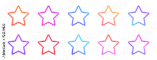 Floating neon stars glow with colorful gradients and soft light effects. Smooth edges enhance modern futuristic aesthetics. Ideal transparent PNG for banners, creative posters, and UI designs. PNG