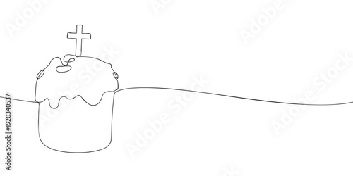 Minimal line illustration of a traditional Easter cake topped with icing and a cross, symbolizing Christian faith, resurrection, celebration, and holiday tradition