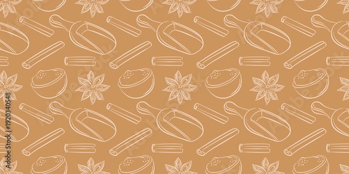 Seamless brown background pattern with line art style cinnamon stick, spice, scoop and star anise.