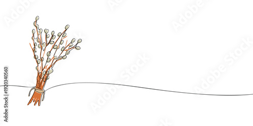 Illustration of a bundle of willow branches with catkins, symbolizing spring, renewal, nature, and seasonal decoration in a soft, minimal style