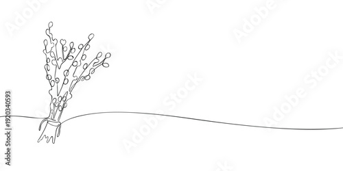 Minimal line illustration of pussy willow branches in a small pot, symbolizing spring, renewal, nature, and traditional Easter decoration