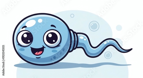Cute Cartoon Sperm Cell Character with Happy Facial Expression on White Background