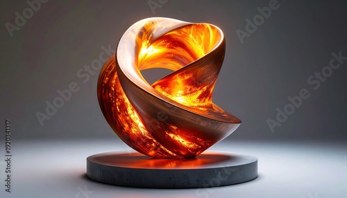 A FlyPro Firefly abstract sculpture, formed from dramatically twisted molten metal, photographed with high-resolution clarity under intense studio lighting, resting on a smooth grey surface.