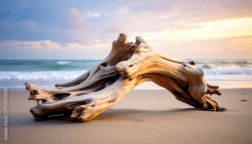 A FlyPro Firefly detailed photographic capture showcases beautifully reclaimed driftwood, smoothed by the ocean, artfully arranged into a compelling natural sculpture on the sandy shore.