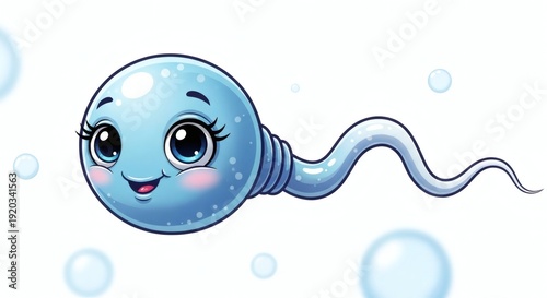 Cute Cartoon Sperm Cell Character with Big Eyes on White Background; Adorable Reproductive Health Mascot in 3D Illustration Style; Playful Fertility Concept Animation for Pregnancy and IVF Education