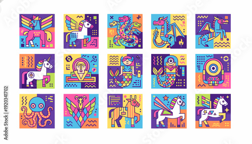 Colorful Fantasy Creatures Pixel Art Collection: Unicorns, Dragons, Octopus