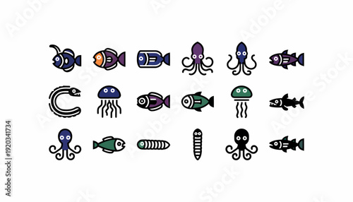 Cute Cartoon Sea Creatures Collection: Fish, Octopus, Jellyfish Icons