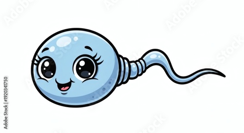 Cute Cartoon Sperm Cell Character with Big Eyes Smiling on White Background