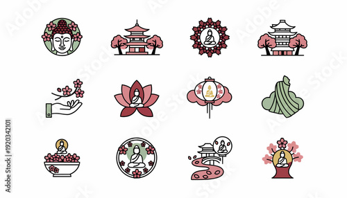 Japanese Culture Icons: Buddha, Pagoda, Cherry Blossoms, Lotus Flower