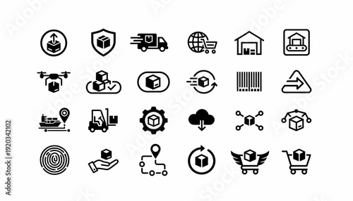 Logistics Icons Set: Delivery, Shipping, Warehouse, Drone, Barcode, Cloud