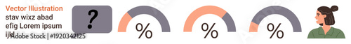 Business insights, performance metrics, decision-making, analytics presentation, teamwork visuals, graphical reporting. Circular percentage progress charts and a female figure. Business insights