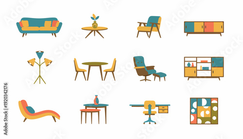 Mid Century Modern Furniture Icons Set Vector Illustration
