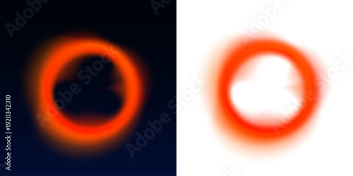 Radiant portal circle glows with smooth neon liquid gradients. Reflective blot drops ripple softly along the rounded surface. The illustration conveys immersive motion and energy.