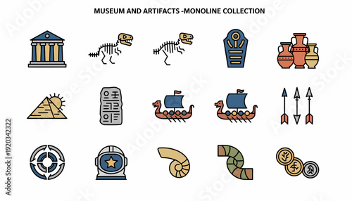 Museum Artifacts Icons: History, Archeology, Ancient Wonders, and Discovery
