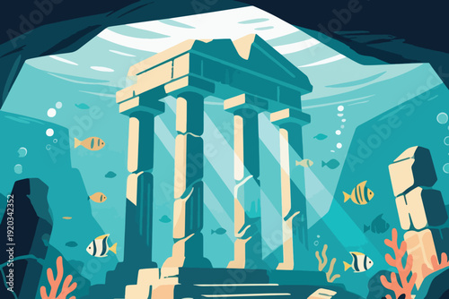 Fotografie Ancient underwater temple ruins with tall columns and coral reef, fish swimming around, vibrant ocean illustration evoking history, archaeology, and marine exploration