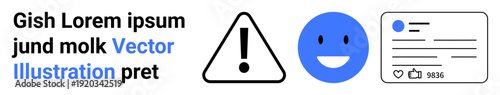 Social media notifications, communication, content sharing, online caution, interface usability, digital interaction. Warning triangle, happy face and post interface icons. Social media