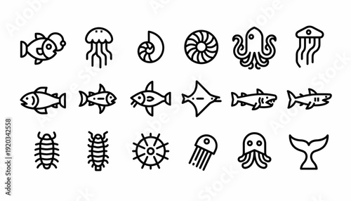 Ocean Life Icons Set: Fish, Jellyfish, Octopus, Shark, Seashell