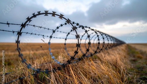 FlyPro Firefly's detailed photographic capture of concertina wire deployed in a wide arc, creating a sprawling and intimidating perimeter.