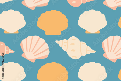 Seamless pattern of pastel seashells on blue background, including scallop, clam, and spiral conch shells, decorative ocean themed illustration for fabric, wallpaper, or digital design.