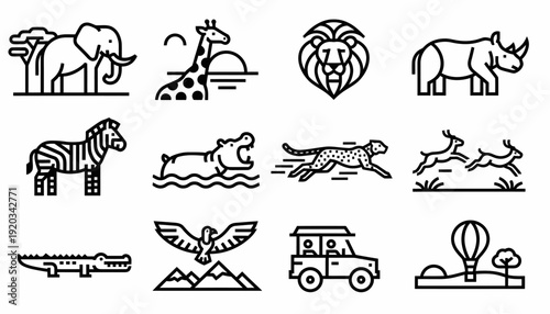 Safari Animals Icons Set: Lion, Elephant, Zebra, Giraffe, Rhino, Hippo, Eagle