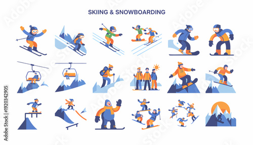 Skiing and Snowboarding Flat Icons Set: Winter Sports Vector Illustrations
