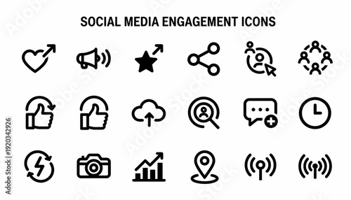 Social Media Engagement Icons: Likes, Shares, Comments, Follow, Cloud
