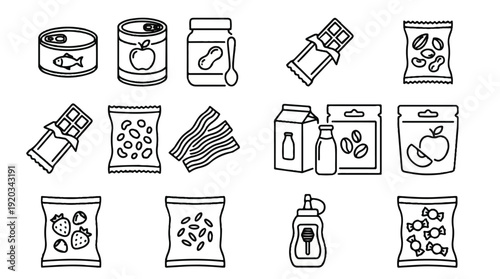A collection of various food and snack items in black line art style on white background