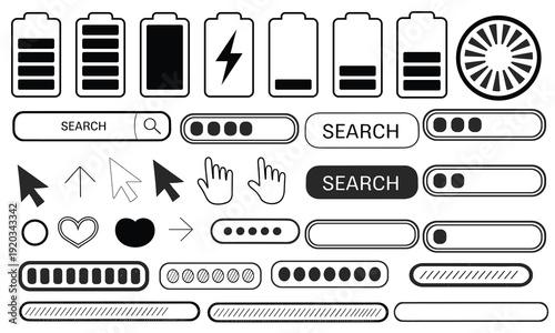 Black and white vector UI/UX elements: battery, search, cursor, and loading icons, for modern app and web design.