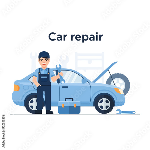 Mechanic with Wrench and Car Repair Tools, Auto Service Concept