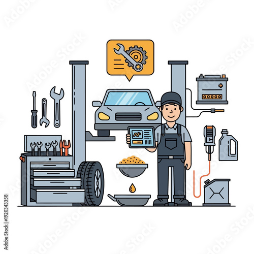 Mechanic with tablet near car on lift in auto repair shop, tools, battery, oil.