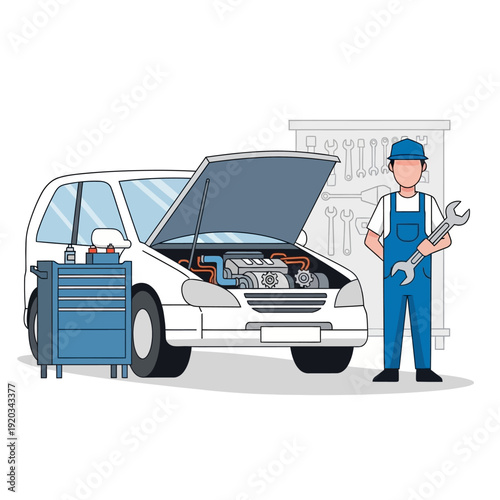 Mechanic with Wrench Near Car with Open Hood in Workshop