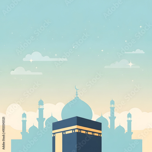 Holy Kaaba spiritual pilgrimage site illustration with mosque silhouettes and celestial sky